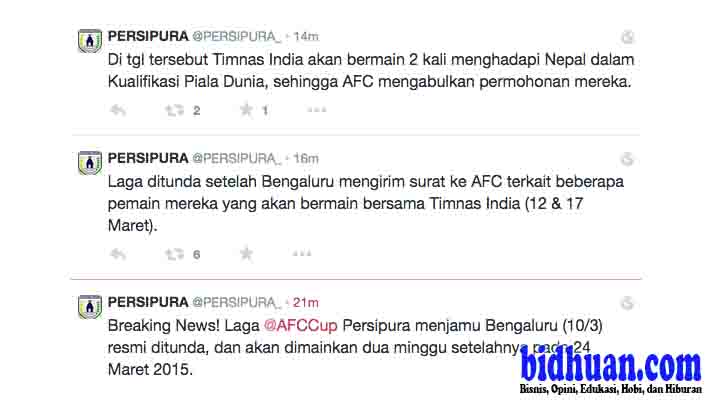 Laga Persipura melawan Bengaluru FC di Piala AFC ditunda