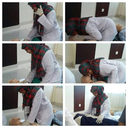 Day-3: Session-1 Simulation of Basic Life Support: safety (self, patient, and environment), check for the patient response, call for help while checking the carotis artery (< 10 secs), cardio-pulmonal resucitation 30x, head tilt chin lift (airway) and breathing
