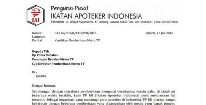 Surat Pengurus Pusat Ikatan Apoteker Indonesia
