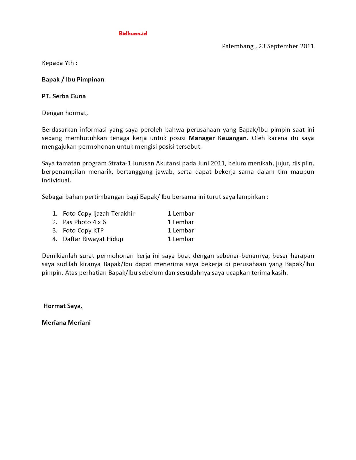 contoh cover letter bahasa Indonesia fresh graduate